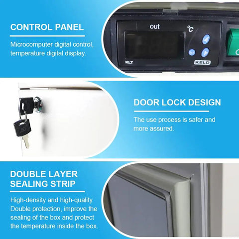 Control panel, door lock, and double layer sealing strip of Super Chill Ultra Low Temperature Lab Freezer With Kickass Cryogenic Cooling Keeps Your Delicate Samples Locked And Loaded At -86C Using Heavy Duty Foam Insulation For Top Shelf Research Storage.