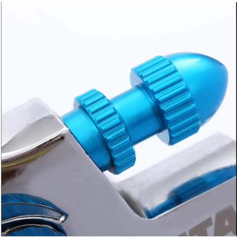 Close-up of smooth blue paint knob for Top Shelf Pneumatic Spray Gun Replacement Parts with detailed grips and finish.