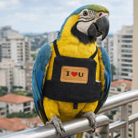 Adjustable Bird Flight Suit Harness Escape Proof Design With Anti Bite Straps on parrot in denim with heart patch