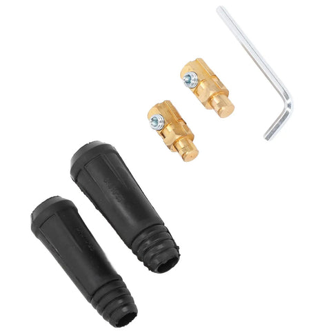 Heavy Duty Black Brass Welding Cable Quick Connectors Two Pack Rubber Shielded Hot Swap Power Plugs, includes connectors and hex key.