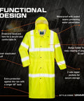 Long Men's Hi Vis Rain Jacket ANSI Class 3 Yellow With Reflective Strips Pack Away Hood Storm Flap Radio Loop Badge Holder Extra Long 122cm 4X-Large Worksite Ready front view with features