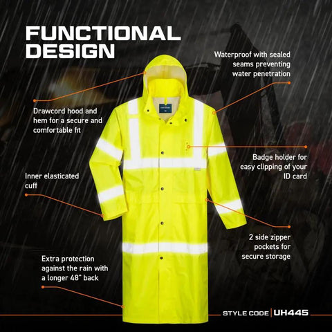 Long Men's Hi Vis Rain Jacket ANSI Class 3 Yellow With Reflective Strips Pack Away Hood Storm Flap Radio Loop Badge Holder Extra Long 122cm 4X-Large Worksite Ready front view with features