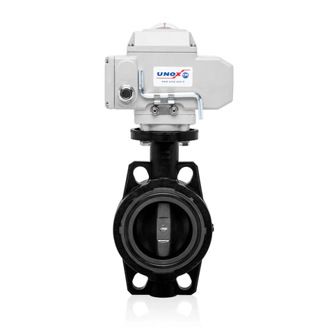 Butterfly Valve 110 Millimeter Wafer Type U PVC Body For Water Air And Liquids 4 Inch Size With IP67 Sealed Electric Actuator 110V AC Industrial Use Precise Flow Control And Optional 4 To 20 mA Proportional Control For Remote Automation front view