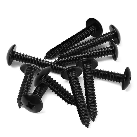 Top Shelf Number 14 By 1 1/2 Inch Truss Head Self Tapping Wood And Sheet Metal Screws Featuring Black 304 Stainless Steel 18 8 Build For Tough Daily Grind Projects 25 Piece Box stacked screws showing truss head design.