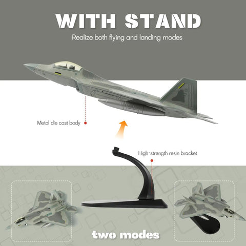 One Hundredth Scale F 22 Raptor Fighter Jet Model Dope Diecast Aircraft with stand showing flying and landing modes