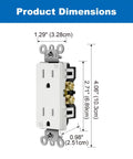 15 Amp Decor Outlet Tamper Resistant Electrical Wall Receptacle 15A 125V 1875W White Gloss Finish UL Listed Ideal For Residential And Commercial Use 40 Pack with dimensions shown in inches and cm