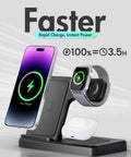 3 In 1 Wireless Charging Station For iPhone Watch And AirPods Fast Drop In Charger Stand displaying charging devices