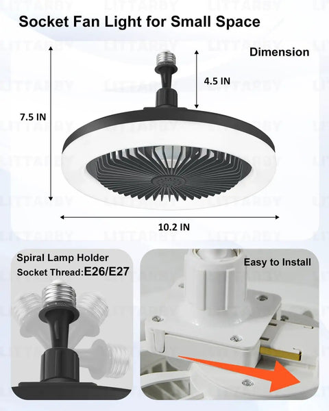 Diagram of no wiring easy install ceiling fan with light remote control dimmable LED screw in design for E26 E27 socket.