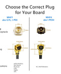 Comparison chart of MHF1 and MHF4 IPX connectors, showing PCB receptacle and plug dimensions for modems and WiFi boards applications.