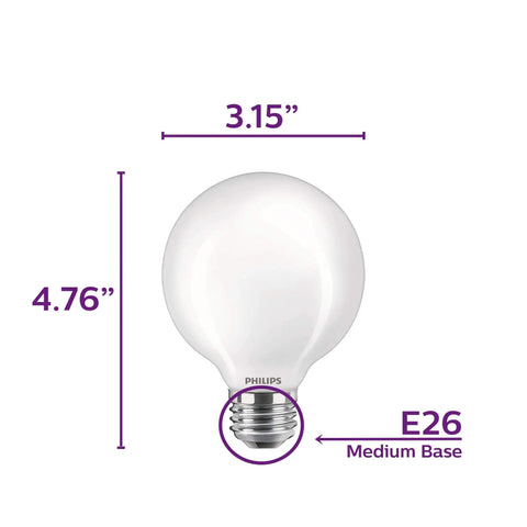 Frosted LED G25 Light Bulb EyeComfort Technology 500 Lumens Soft White 2700K Non Dimmable E26 Base 5.5W dimensions 3.15” x 4.76”