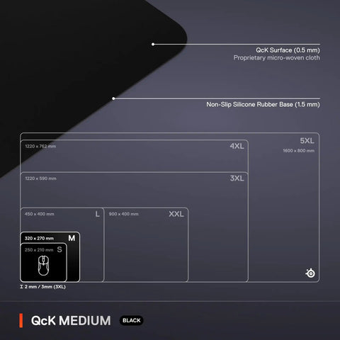 QcK Medium Gaming Mouse Pad With Non Slip Silicone Rubber Base For Peak Tracking And Pro Grade Game Ready Sensor Performance 320 By 270 mm For FPS MOBAs RTS MMO, size comparison