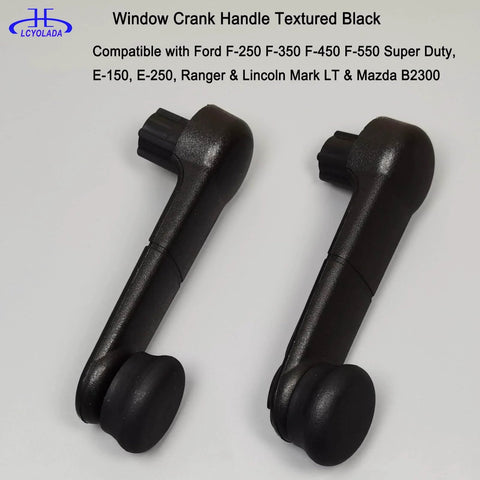 Two textured black window crank handles for Ford F150 F250 F350 F450 F550 and more. Direct OEM replacement for manual window upgrade.