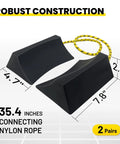 Dual Wheel Chocks Set With High Traction Ribs And Nylon Rope Non Slip Wheel Blocks With Yellow Reflective Tape For Lightweight Travel Trailer And Cars Trucks Tractors Lawnmowers Two Pairs Black And Yellow showing dimensions and nylon rope connection.