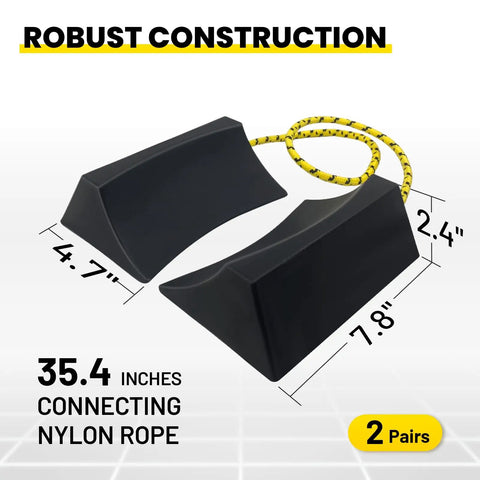 Dual Wheel Chocks Set With High Traction Ribs And Nylon Rope Non Slip Wheel Blocks With Yellow Reflective Tape For Lightweight Travel Trailer And Cars Trucks Tractors Lawnmowers Two Pairs Black And Yellow showing dimensions and nylon rope connection.