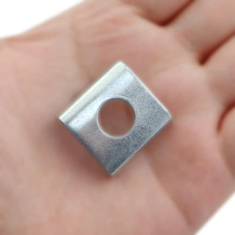Close-up of a metal vertical bracket from 4 Pack Bike Training Wheel Mounting Screw Kit With Shoulder Bolts Washers Vertical Brackets And Lock Nuts 23mm Replacement Hardware For Quick Easy Side Wheel Mounting And Durable Bike Tripod Support in hand