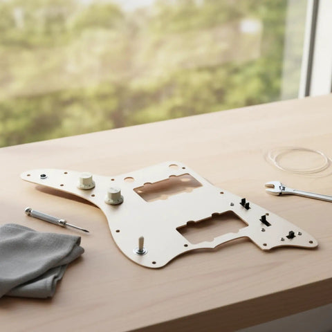 Prewired Pickguard Assembly With Knobs And Toggle Wiring Harness Aluminum Plate Retro Offset Layout For DIY Luthiers Ready To Install Control Panel Scratch Plate Solder Time Saver, brushed gold aluminum with knobs