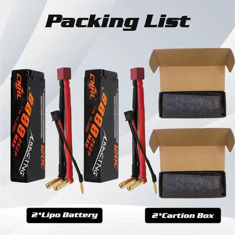 Rugged Case 2S 8000mAh 120C LiPo Battery 7.4V With T Plug For RC cars and carts in packing list with carton boxes.