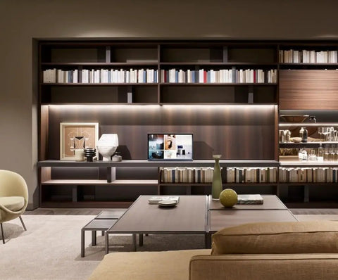 Modern living room with 9.8ft under cabinet LED strip lights with motion sensor and battery power auto or manual modes white 4000K