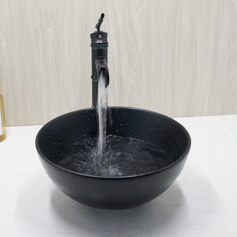 Matte Black Ceramic Vessel Sink With Deck Mounted Waterfall Faucet, Round Wash Basin, Bamboo Style Brass Mixer Tap for Modern Home Bath