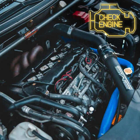 Car engine with neon check engine sign lit over the hood
