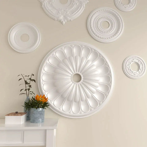 Ceiling Medallion With Thirty One And Five Eighths Inch Outside Diameter And Three And Five Eighths Inch Inner Diameter Fits Canopies Up To Three And Five Eighths Inches Lightweight Easy Install With Common Tools Exquisite Detailing Factory Primed in ornate design on wall