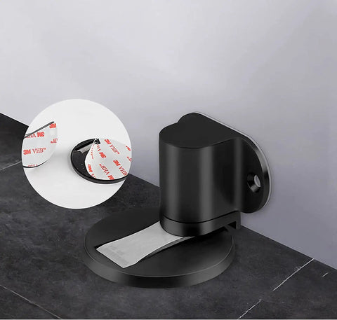 Hidden Modern Door Stops Made Of Red Bronze Stainless Steel Magnetic Holders That Slam Proof Doors And Protect Walls In Homes Offices Apartments Perfect For Your Room Decor With Strong Magnet Catch - close-up of installation with adhesive backing.