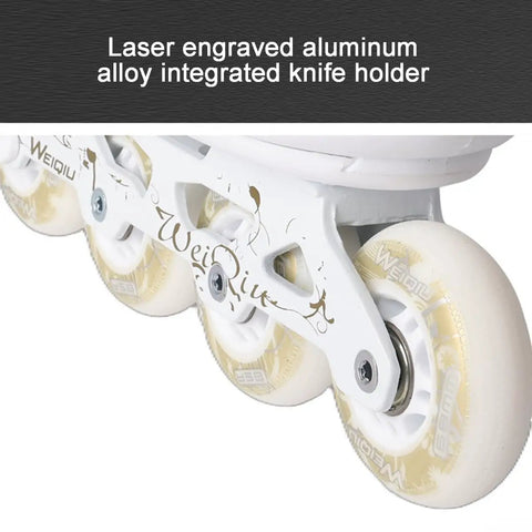 Adjustable Inline Roller Skates For Kids And Grownups With Storage Bag, showing aluminum alloy knife holder and 85A PU wheels.