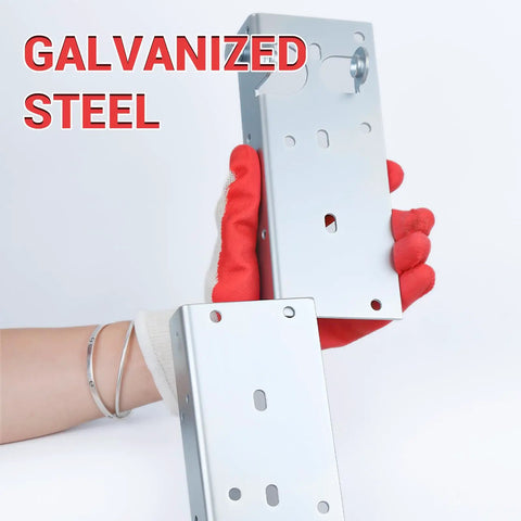 Beefed Up Heavy Duty Replacement Garage Door Bottom Roller Brackets shown in galvanized steel with a red-gloved hand