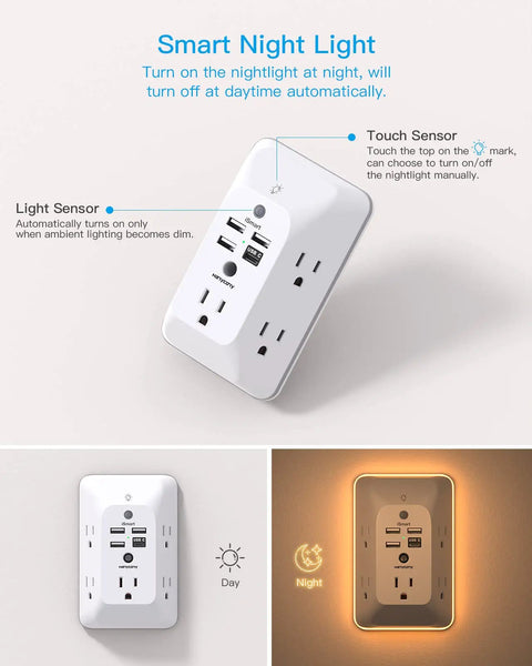 10 In 1 Outlet Extender With Night Light And USB Charger Surge Protector 4 USB Ports Plus 1 USB C 5 Wide Spaced Outlets shown