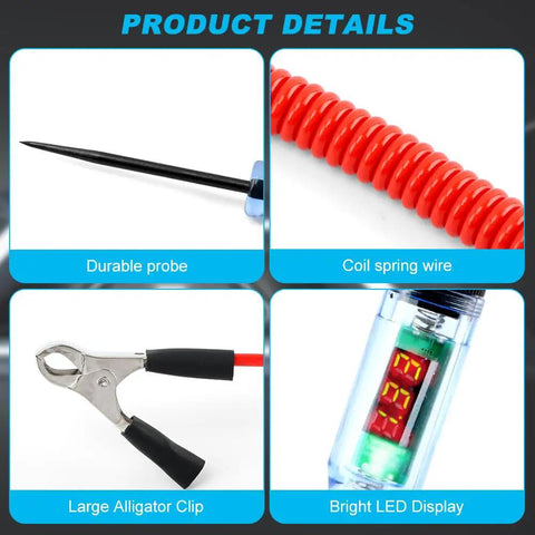 Vehicle Electrical Circuit Tester Pen With 3-48V LED Digital Display, Dual Color Polarity Indicator, Voltage Test Light For Cars And Bikes, Easy Quick Check Diagnostic Tool, Portable Auto Electrical Testing Probe. Close-up of probe, coil wire, alligator clip, LED display