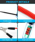 Car Electrical Voltage Tester Pen With 3 To 48V LED Digital Display, Dual Color Polarity Indicator, And Quick Touch Measurement For Automotive Circuits, Totally Handy, Durable, And Safe Diagnostic Tool, close-up of probe, coil wire, alligator clip, LED display