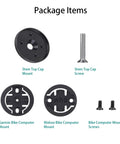 Package items for Upgraded Sturdy Bike Computer Mount for Garmin Edge and Wahoo Elemnt with top cap, screws, and mounts.