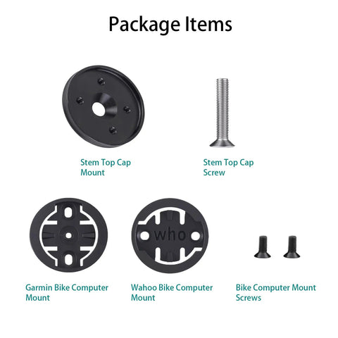 Package items for Upgraded Sturdy Bike Computer Mount for Garmin Edge and Wahoo Elemnt with top cap, screws, and mounts.