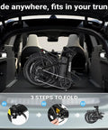 Folded Beast Electric Bike For Adults With 1800W Peak Motor in car trunk, 86 Mile Range, 52V 18.2Ah Battery, Foldable Commuter Ebike