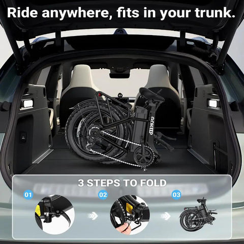 Folding Electric Bike With 1300W Peak Motor For Crushing Hills, 75 Mile Pedal Assist Range, stored in car trunk