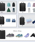 Ultralight Six Piece Compression Packing Cubes Set For Travel Organizer with four sizes and shoe bag, 70D black fabric layout