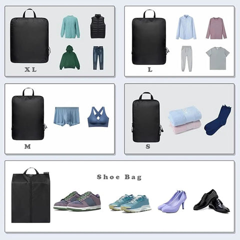 Ultralight Six Piece Compression Packing Cubes Set For Travel Organizer with four sizes and shoe bag, 70D black fabric layout