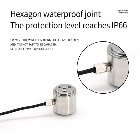 Load Cell Weight Sensor With Bellows Column Design For Tension And Compression Tests, 20mm Diameter, 22mm Threaded Hole, 4xM3 Mounting Holes, 2m Cable, 0-5kg To 0-200kg Range, Beefy Precision Readings, Built Tough And Durable, IP66 cable joint