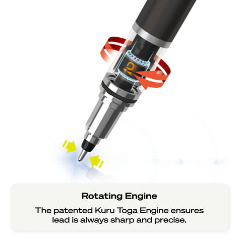 Kuru Toga Elite Mechanical Pencil Starter Kit 0.5mm HB Lead Diamond Infused For Crisp Lines, showing rotating engine mechanism.