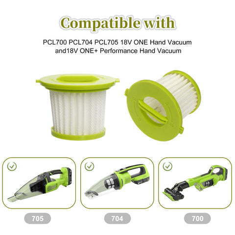 Four Pack HEPA Vacuum Filter Replacement Set For 18V One Plus Handheld Vacuum Models PCL700 PCL704 PCL705 in green color