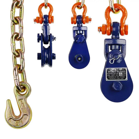 Heavy Duty 2 Ton Snatch Block With Chain, 3 Inch Single Sheave, 2 Ft Length, G70 Alloy Chain, Heat Treated And Corrosion Resistant, Mechanical Advantage For Safer, Easier Winching, Stronger Pull, Off Road Vehicle Recovery with blue pulley and chain