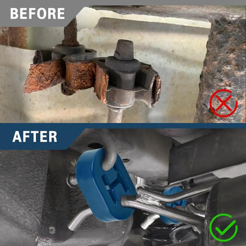 4 Pack Rubber Exhaust Hanger Set For Cars Trucks And SUVs, Two Hole Mounts 0.47 Inch, before and after installation comparison