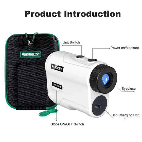 Image of 1000 Yard Golf Rangefinder with Slope, Pin Lock, Vibration, External Slope Switch, Rechargeable, USB-C port, and case.