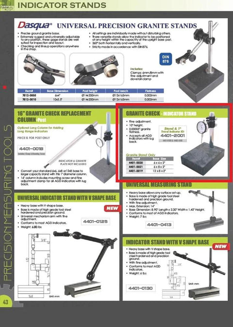 Granite check indicator stand with fine adjustment on gray granite base, 12 x 8 x 2 inches