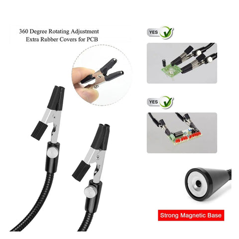 Magnetic Base Welding Bracket with Flexible Third Hand Arm, rubber grips, and 360-degree adjustment for soldering workstation