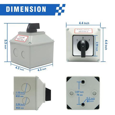 Dimensions of Heavy Duty 40A Rotary Changeover Switch With Box 660V 3 Position 2 Pole 8 Terminals