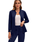 Women Go To Zip Front Scrub Jacket Four Pocket Medical Top Ultra Soft Stretch Uniform Coat worn by model in navy color.