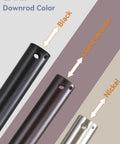 Three ceiling fan downrod extension rods in black, oiled-bronze, and nickel colors, showing different finishes.