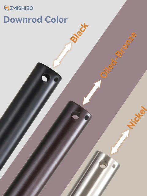 Three ceiling fan downrod extension rods in black, oiled-bronze, and nickel colors, showing different finishes.