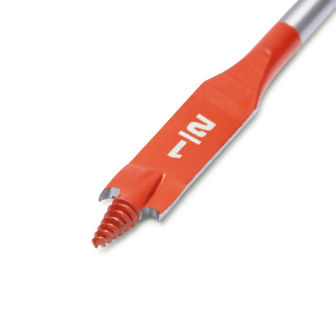 Close-up of a Two Piece Screw Point Paddle Drill Bit Set Six Inch By One Half Inch With Speed Striker showing screw point tip and paddle design.